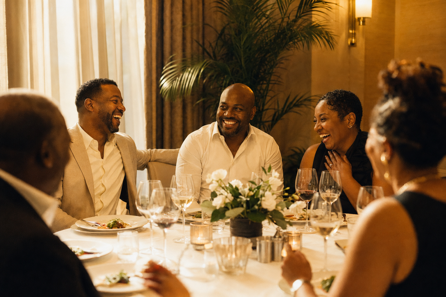 A small group of people of mixed ages laughing together at a dinner table