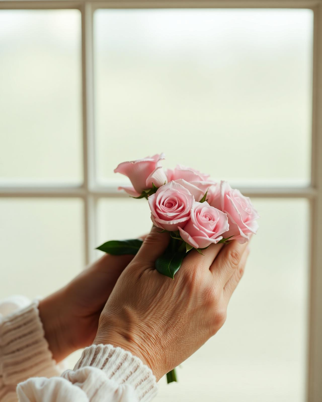 A pair of hands cradling a small bouquet of pink roses by a window